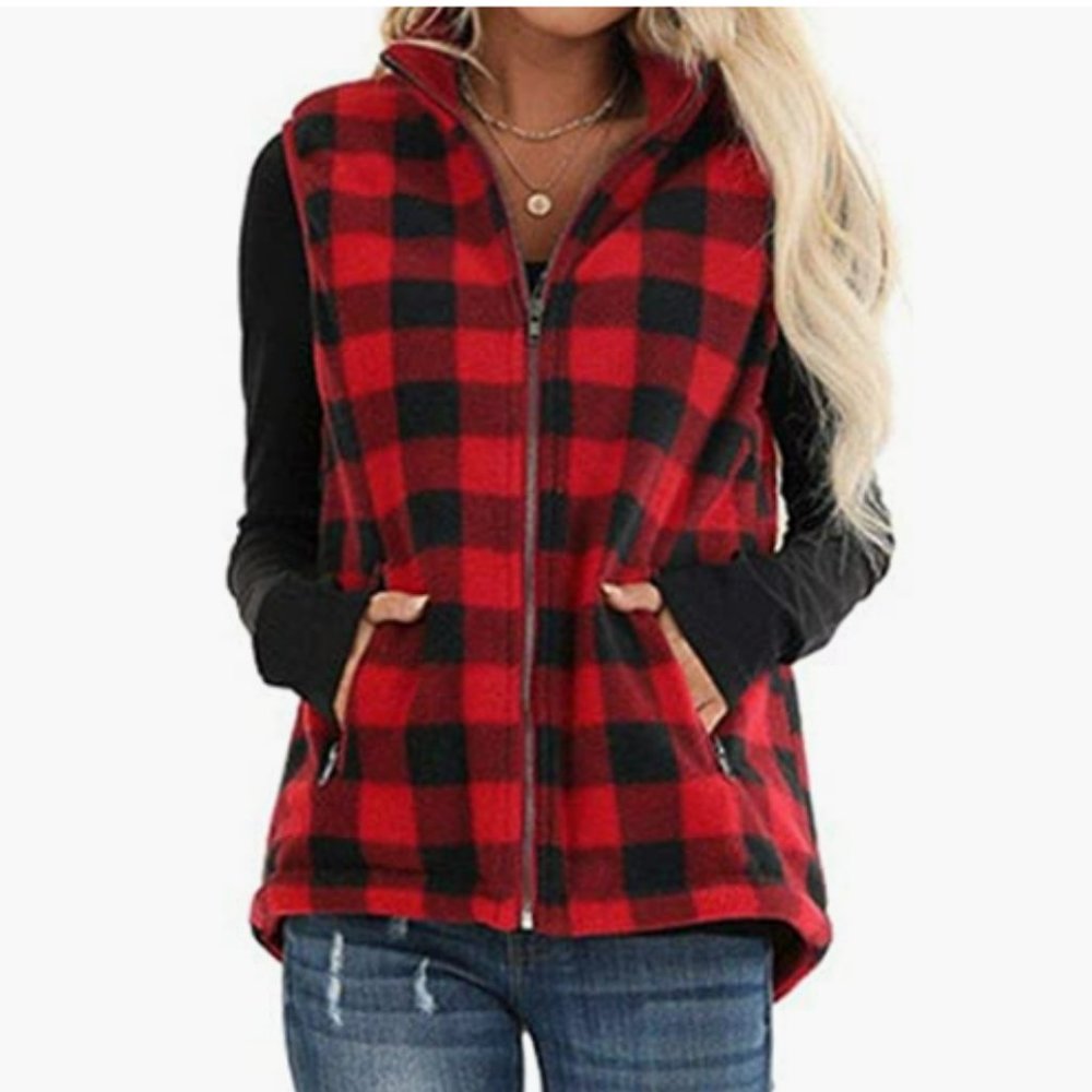 NWT Classic Staple Buffalo Plaid Tartan Check Fleece Sherpa Zip Up Vest